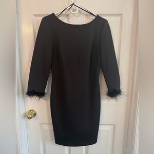 Eliza J Black Long Sleeves Feather Cuffs Cocktail Sheath Dress Size 6 Dressy